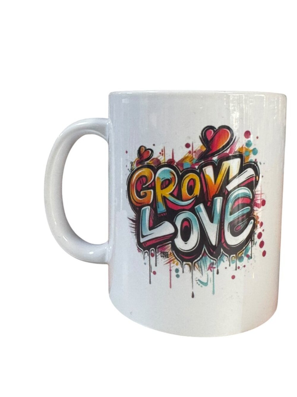 Ceramic Coffee Mug, White, 11 oz, Graffiti Art 'Grow Love' and 'Choose Happy'
